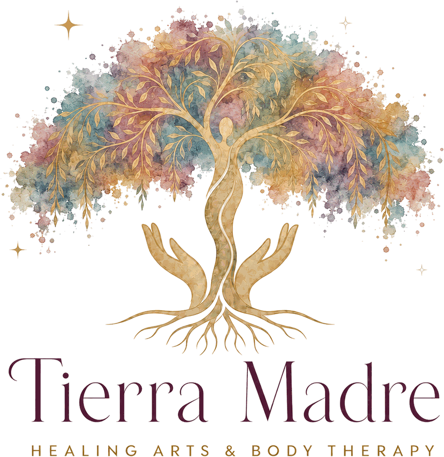 Tierra Madre Healing Arts & Body Therapy — a watercolour tree of life rising from cupped golden hands
